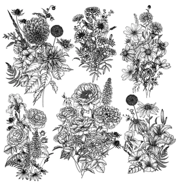 Векторний Набір Садових Букетів Осінніх Літніх Квітів Роза Лілія Люпин — стоковий вектор