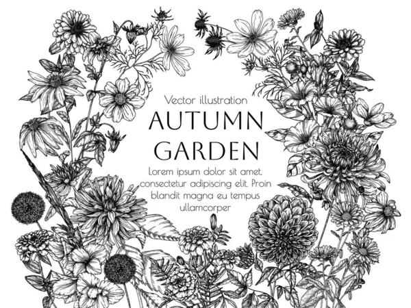  Vektör illüstrasyon sonbahar çiçekleri. Dahlia, kozmos, zinnia, marigold, calendula, rudbeckia, gladiolus, datura, eryngium, allium, gravür tarzında kasımpatı.
