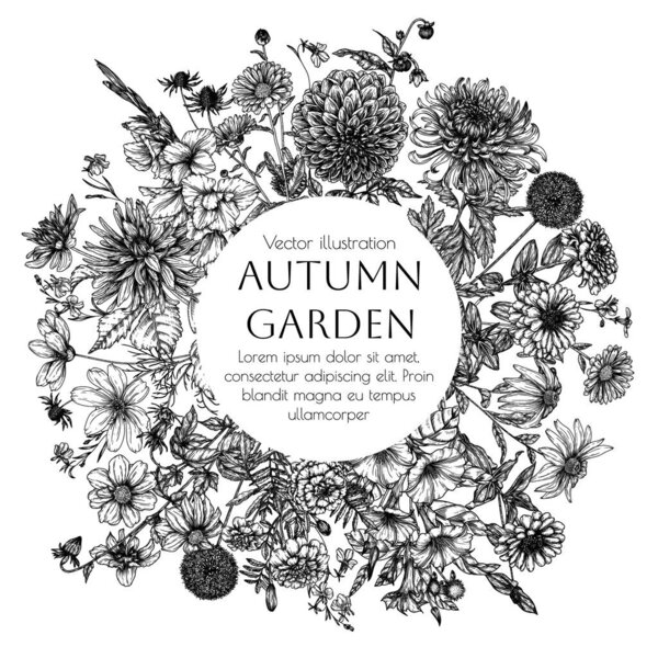  Векторная рамка осенний сад. Лилия, коза, фея, маригольд, календула, рудбекия, гладиолус, датура, эрингия, фея, хризантема, лобелия в завидном стиле