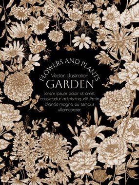  İşleme tarzında vektör çerçeve bahçesi. Gül, zambak, zambak, şakayık, yıldız çiçeği, kozmos, zinya, marigold, calendula, rudbeckia, gladiolus, eryngium, allium, chrysanthemum, lobelia