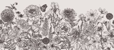  Kusursuz yatay desenli bahçe sonbahar ve yaz çiçekleri. Gül, zambak, lale, şakayık, irise, yıldız çiçeği, kozmos, zinnia, marigold, calendula, rudbeckia, gladiolus, datura, eryngium, allium