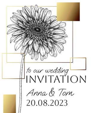  İşleme tarzında Gerbera çiçeği içeren vektör davet şablonu