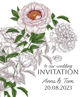  Bir buket şakayık çiçekli vektör davet şablonu