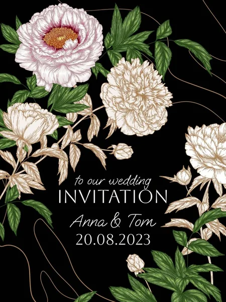 Vector Invitation Template Bouquet Peonies Flowers Engraving Style — Stock Vector