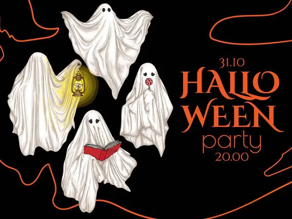  Cadılar Bayramı partisi davetiye şablonu. Dört farklı hayalet ayarla.