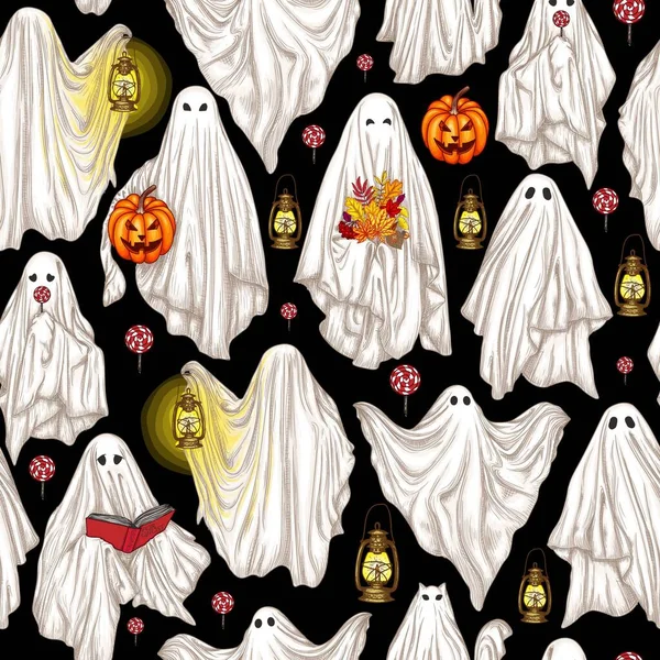 Patrón Sin Costura Vectorial Con Diferentes Fantasmas — Vector de stock