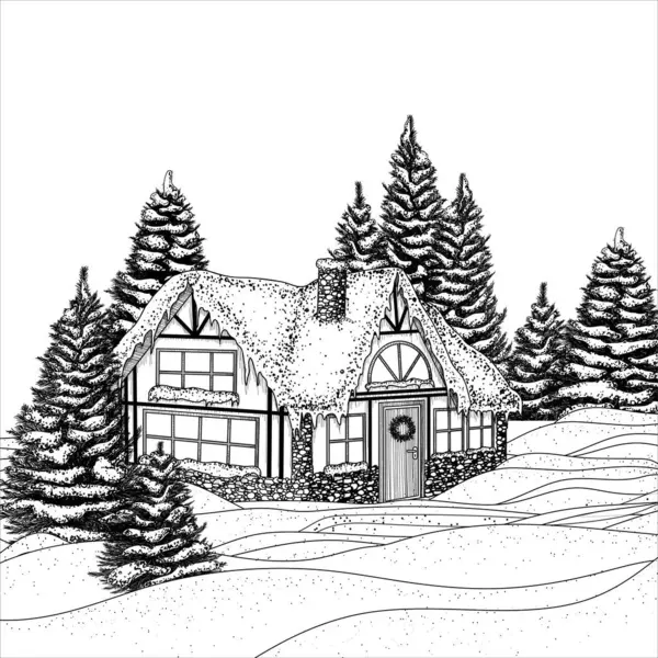 Karlı Bir Köyün Vektör Çizimi Karlı Bir Çam Ormanındaki Oyma — Stok Vektör