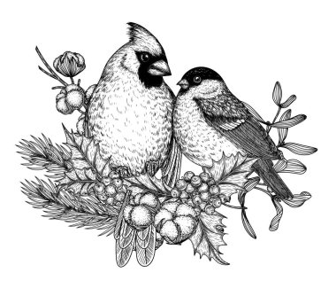  Dallardaki kış kuşlarının vektör çizimi. Kızıl Kardinal ve ispinoz oymacılık tarzında