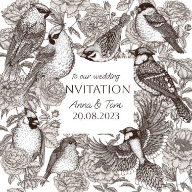  Gül ve şakayık çalılıktaki kuşların davetiye şablonu. Waxwing, ardıç kuşu, ispinoz, kırmızı kardinal, serçe ve mavi alakarga.