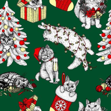  Noel kedileri oyma tarzında kusursuz vektör deseni