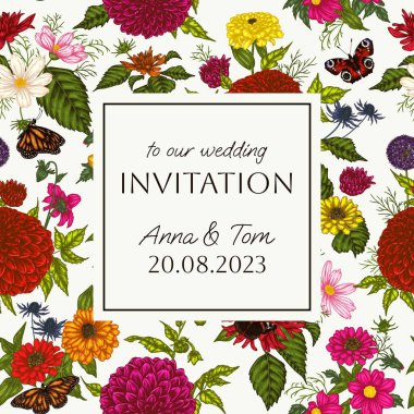  Sonbahar çiçekli vektör düğün davetiyesi şablonu. Dahlia, kozmos, zinnia ve kelebekler