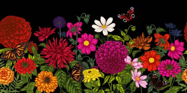  Kusursuz yatay sonbahar bahçesi. Zinnia, dahlia, kadife çiçekleri, kozmos ve kelebekler