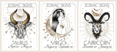  Zodiac tabelalarının vektör çizimi. Dünya işaretleri Boğa, Başak ve Oğlak burcu. İşleme tarzında beyaz arkaplanda altın