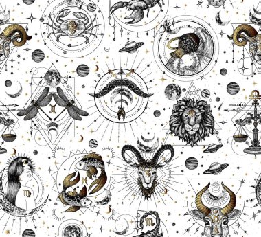  Kusursuz vektör desenli burçlar. Koç, Boğa, İkizler, Kanser, Aslan, Başak, Terazi, Akrep, Yay, Oğlak, Kova, Balık. Siyah beyaz ve altın.
