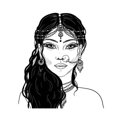 İşleme tarzında mücevher giyen Hintli genç bir kızın vektör çizimi