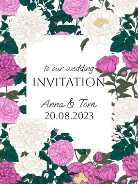  Düğün davetiyesi vektör şablonu. İşleme tarzında pembe, beyaz güller ve şakayıklar.