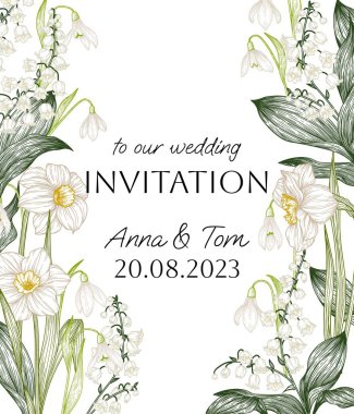  Bahar çiçekleriyle birlikte vektör davet şablonu. Nergisler, kardamlaları ve vadideki zambaklar