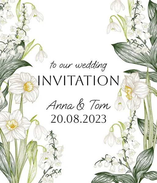  Bahar çiçekleriyle birlikte vektör davet şablonu. Nergisler, kardamlaları ve vadideki zambaklar