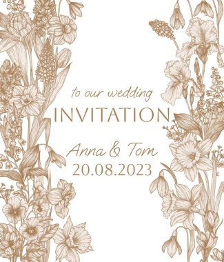  Bahar çiçeklerinin vektör çizimi. Kar damlaları, timsahlar, brunnera, lale, muscari, sümbüller, süsenler, nergis, nonoşlar, vadi zambağı.