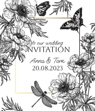  Vektör davet şablonu bahar çiçekleri. Anemone çalısı ve kelebekler oymacılık tarzında