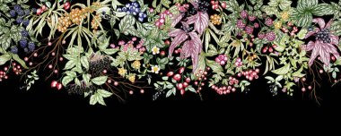  Seamless horizontal pattern of forest berries. Cowberry, sea buckthorn, rose hips, ligustrum, hawthorn, elderberry, paris, blackberry, euonymus, belladonna, strawberry, blueberry, cloudberry clipart
