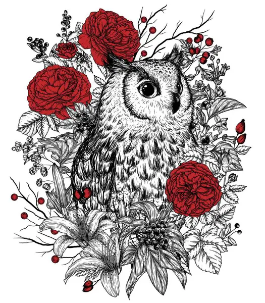 Yabani böğürtlen ve gül çiçekleriyle çevrili bir baykuşun vektör çizimi.