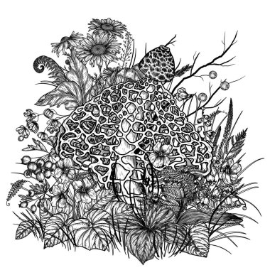  Ormandaki bambu mantarının vektör çizimi. Yabanmersinleri, çiçekler ve bitkiler