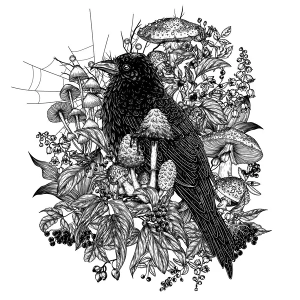 Ilustracja Wektorowa Mistycznego Kruka Otoczonego Jagodami Kwiatami Grzybami Pajęczynami Stylu Wektor Stockowy