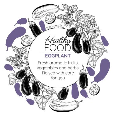  Sebzenin vektör çerçevesi. Bir dalda patlıcan, yarım yaprak, dilimle