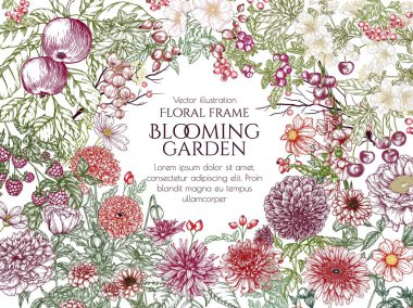  Sonbahar bahçesini kırmızı ve bordo tonlarıyla döşeyen vektör çerçevesi. Çiçekler, meyveler, meyveler. Elma, kalça, ahududu, kiraz, dekoratif gelincikler, şakayık, zambak, kadife çiçekleri, kasımpatı, gerbera, gladiolus, kozmos, yaban mersini, üzümü, kuşüzümü, çinnia