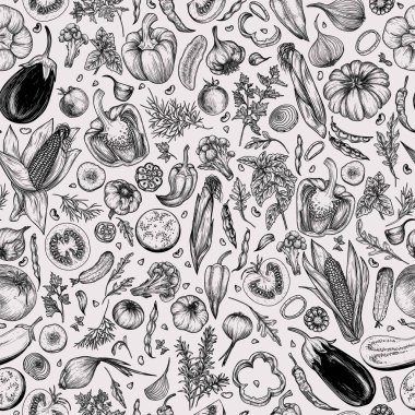  Kusursuz vektör desenli sebzeler ve bitkiler. Tam, yarımlar, dilimler, parçalar. Domates, biber, biber, patlıcan, mısır, fasulye, soğan, sarımsak, brokoli, dereotu, roka, maydanoz, nane, salatalık.