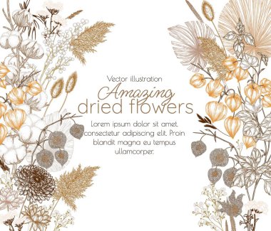  Vector illustration of a card template with a bouquet of dried flowers in engraving style clipart