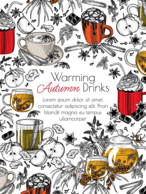  Vector frame autumn drinks in engraving style. Sea buckthorn tea, marshmallow cocoa, apple cider, spiced tea latte, hot chocolate with cream clipart