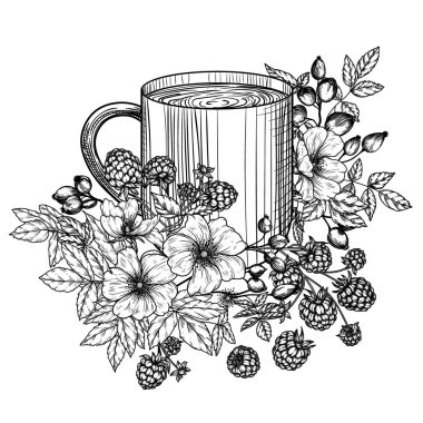  Gülkalçası ve ahududu renginde sıcak sonbahar çayının vektör çizimi