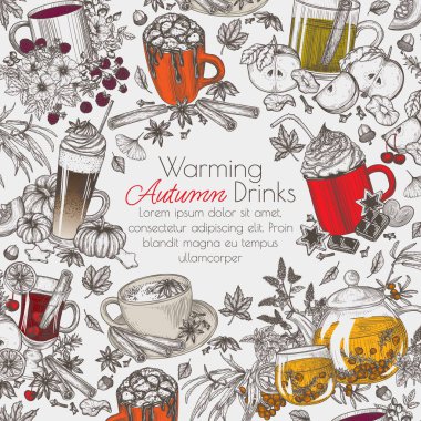  Vector frame autumn drinks. Sea buckthorn tea, marshmallow cocoa, apple cider, spiced tea latte, hot chocolate , pumpkin spice latte, mulled wine clipart