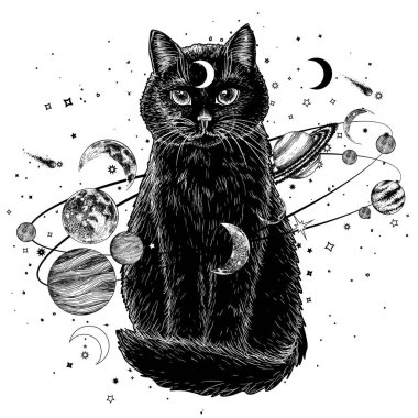  Gezegenleri oyma tarzında olan bir galaksiyle çevrili bir kara kedinin vektör çizimi