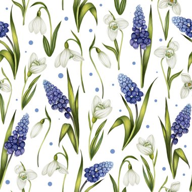 Suluboya illüstrasyon tarzında kusursuz kar damlası ve muscari deseni. Bayramlık bahar kartı. Çiçek aranjmanı. Bahar bahçesi