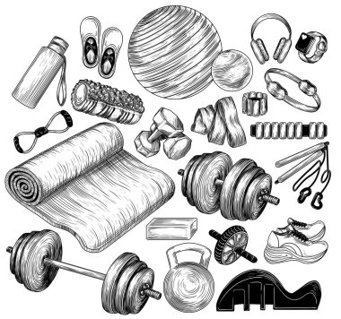  Vektör illüstrasyon pilates ekipmanı. İşleme tarzında bir takım spor aletleri. Spor koleksiyonu. Aptal, fitness paspası, lastik bant, toplar, halka, silindir, genişletici, kettlebell. Etkinlikler için mallar
