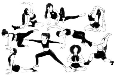  9 kadının pilates yaptığı vektör seti. Farklı vücut tipleri olan uluslararası kızlar spor yapıyor. Eğitimin bir yansıması. Spor kulübü. Yoga asanas