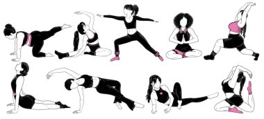  9 kadının pilates yaptığı vektör seti. Farklı vücut tipleri olan uluslararası kızlar spor yapıyor. Egzersiz illüstrasyonu. Spor kadın kulübü. Yoga asanas