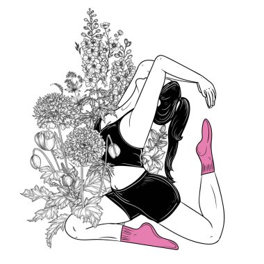  Çiçeklerin arka planında pilates yapan bir kızın vektör çizimi. Spor çiçek desenli. Çiçeklerle çevrili spor salonu. Çiçek açan bir bahçede geriniyorlar. Kadınlar Spor Kulübü