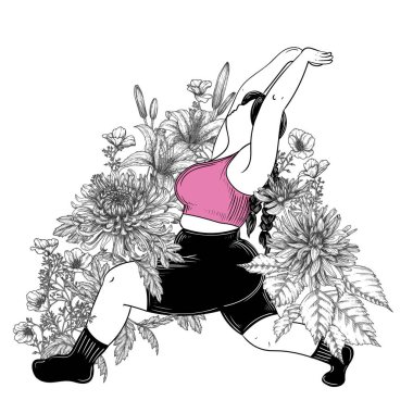  Çiçeklerin arka planında pilates yapan bir kızın vektör çizimi. Spor çiçek desenli. Çiçeklerle çevrili spor salonu. Çiçek açan bir bahçede geriniyorlar. Kadın spor kulübü. Vücut pozitif