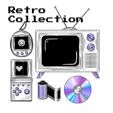 Retro cihazların vektör kümesi. Y2K teknolojisi koleksiyonu. 90 'ların sonlarının nostaljik dekorasyonları. Retro titreşimli elementler. Bir disk, eski bir televizyon, Tetris, Tamagotchi, fotoğraf filmi