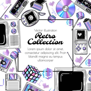  Retro cihazlı vektör kartı. Y2k teknolojisinin bayrağı. Nostaljik dekorasyonlar. Retro titreşimli elementler. Bir disk, eski bir televizyon, Tetris, Tamagotchi, fotoğraf filmi, çağrı cihazı, disket, kaset.
