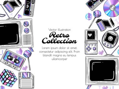  Retro cihazlı vektör kartı. Y2k teknolojisinin bayrağı. Nostaljik dekorasyonlar. Retro titreşimli elementler. Bir disk, eski bir televizyon, Tetris, Tamagotchi, fotoğraf filmi, çağrı cihazı, disket, kaset.