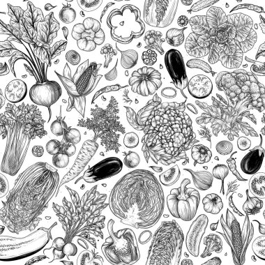 İşleme tarzında sebzeli kusursuz vektör deseni. Doğranmış vejetaryen malzemelerle dolu bir arka plan. Düzgün yemek pişirmek. Lahana, domates, salatalık, patlıcan, kereviz, pancar, havuç, biber, mısır, soğan, sarımsak, fasulye.