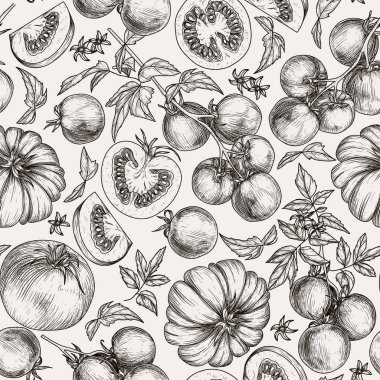  Bir dalda ve oymacılık tarzında kesilmiş domateslerin kusursuz vektör deseni. Sağlıklı domates yemekleri pişirmek. Çiftçilik. Vejetaryen