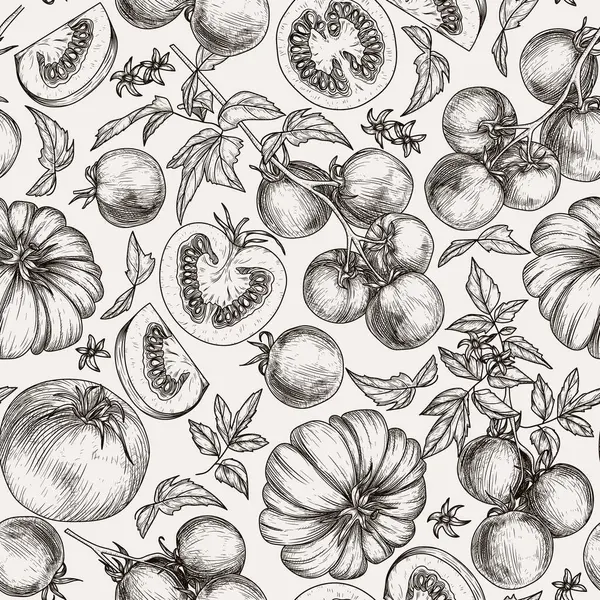  Bir dalda ve oymacılık tarzında kesilmiş domateslerin kusursuz vektör deseni. Sağlıklı domates yemekleri pişirmek. Çiftçilik. Vejetaryen