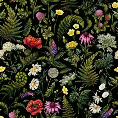 Kır çiçeklerinin kusursuz deseni. Papatya çayı, düğün çiçeği, yabani ot, ekinezya, yonca, yonca, yonca, eğreltiotu, haşhaş, karahindiba. Tıbbi bitkilerin geçmişi. Çayır çiçekleri ile yazdır