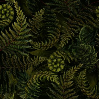 Koyu yeşil arka planda ıslak yeşil orman yaprakları olan pürüzsüz bir desen. Tropik bitkiler baskı yapar. Tropik duvar kâğıdı. Eğrelti otu